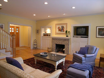 living room in a neo craftsman foursquare